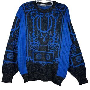 Gotzburg Sweater Mens Size M Royal Blue Speckled Navy Abstract Grandpa